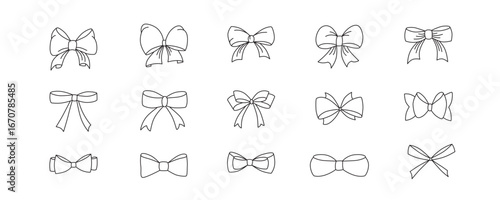 Hand drawn girly coquette bow ribbons set. Editable stroke line. Vector stock illustration isolated on white background for design template birthday, wedding, Christmas card, invitation, sale banner