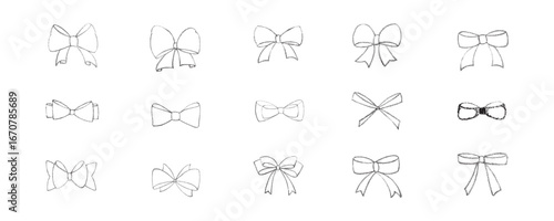 Chalk coquette bow with ribbon set. Hand drawn vector illustration isolated on black chalkboard background for design template present, wedding, Birthday, Christmas decoration or discount, sale.