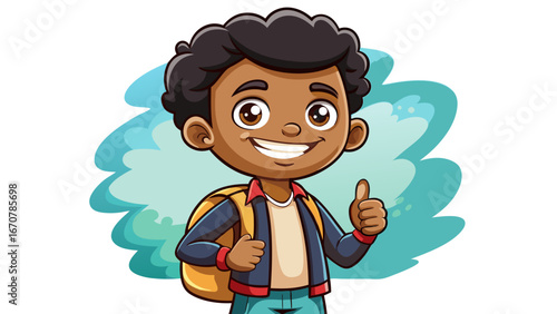 A Student, cute black boy, standing, smiling confidently, giving thumbs up.