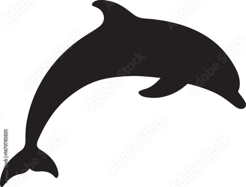 Black silhouette of a dolphin leaping from water white background