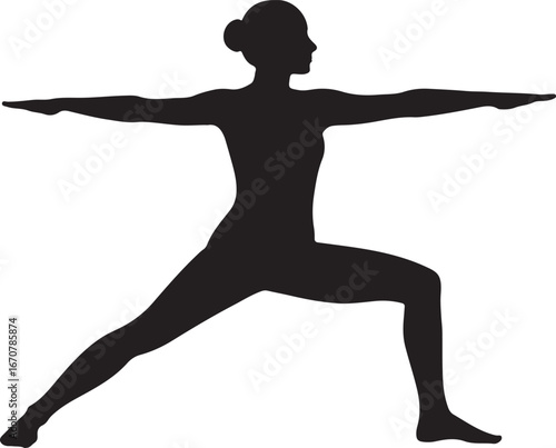 Black silhouette of a woman in Warrior I yoga pose warrior II virabhadrasana II