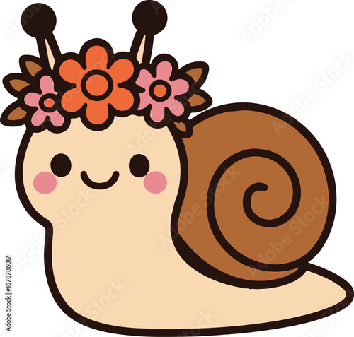 Cute cartoon snail wearing a flower crown with pink and orange blossoms animal insect