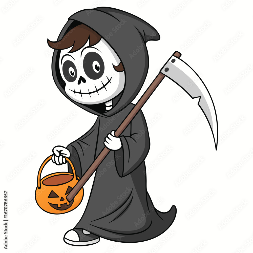 Obraz premium Cute Grim Reaper Boy with Scythe and Pumpkin Bucket Halloween Vector Illustration