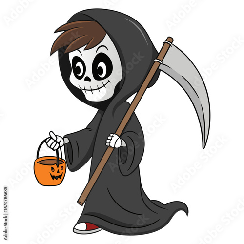 Cute Grim Reaper Boy with Scythe and Pumpkin Bucket Halloween Vector Illustration