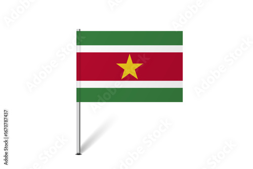 Suriname flag - map pin flag representing a country cultural identity and heritage. The essence of national pride and unity. Map pin flag stuck in a white background