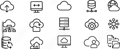 Cloud Computing Icons Set – Cloud Storage, Data Server, Backup, File Sharing, Network, Hosting.