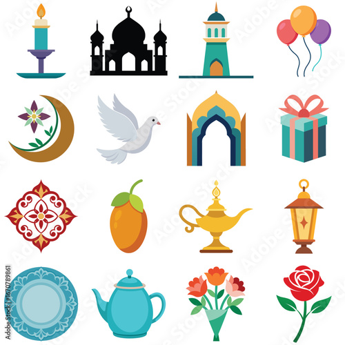 Ramadan Kareem and Eid Mubarak celebration icons set in flat vector style
