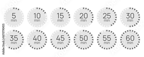 Minimalist timer icon set. 5 to 60 minute countdown icons. Sport or cooking limited time label. Stopwatch in flat minimal style. Simple time clock isolated on white