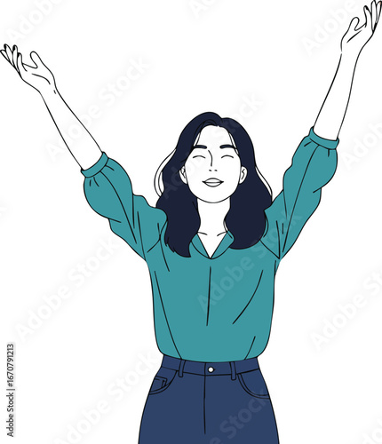 Woman raising arms in joy wearing teal blouse and dark blue pants vector illustration portrait orientation 