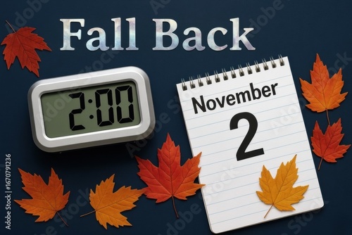 Fall Back Time Change 2025 Poster with Digital Clock at 2:00 AM and Notepad Page Showing November 2 on Dark Elegant Navy Background with Bright Autumn Leaves