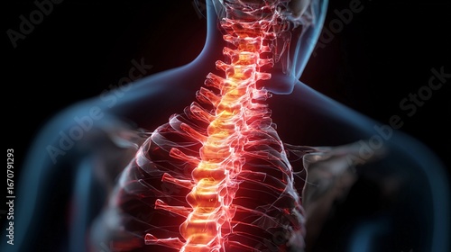 Detailed illustration of the human spine depicting vertebrae structure and its alignment against a dark background to enhance visibility
