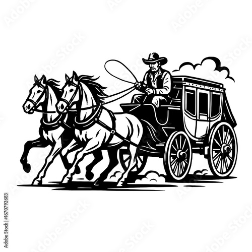 Vector illustration of cowboy driving stagecoach with horses in western style