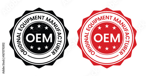 OEM - Original equipment manufacturer design template illustration. OEM sign, logo, badge, icon, sticker, label, emblem, stamp, symbol, black, line, flat vector, isolated illustration.