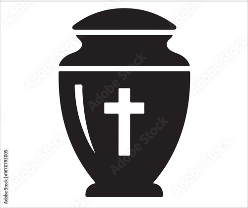 Vector illustration of a funeral urn with a cross symbol, representing remembrance and memorial. Ideal for death-related themes, memorial services, or religious contexts, perfect for funeral-related d