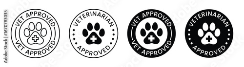 Vet approved icon set. Veterinary diet, Veterinarian approved label, logo, badge, round, circle, green, symbol, line, flat vector, isolated on white background. Footprint animal. Pet friendly icons.
