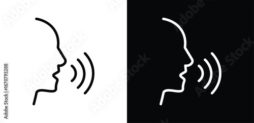 Voice control icons. Podcaster symbol. Talking person sign. Man with open mouth vector icon