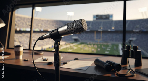 Microphone and binoculars on a desk overlooking a stadium on a sunny day inside a broadcast booth