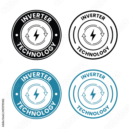 Inverter Technology Circular Badge in Blue and Black | Energy Efficient Power Electronics Logo for Appliance Marketing and Green Energy Solutions