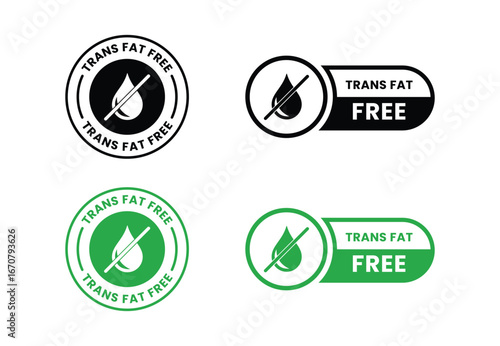 Trans fat free icons set. Vector illustration isolated on white background. Badge or sticker flat design. Healthy food concept. No oil symbol for food packaging or dietetic product nutrition sign.