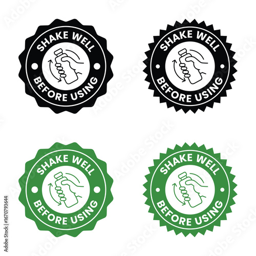 Shake well before using icon set. Shake well before using label product, sign, logo, badge, icons, sticker, symbol, black, circle, line, flat vector, isolated illustration. Shaking Bottle with hand.