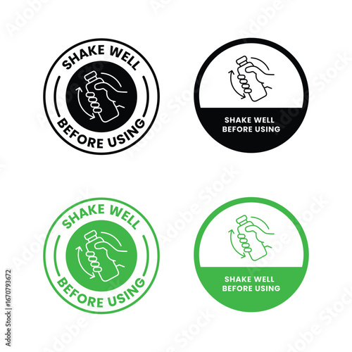Shake well before using icon set. Shake well before using label product, sign, logo, badge, icons, sticker, symbol, black, circle, line, flat vector, isolated illustration. Shaking Bottle with hand.