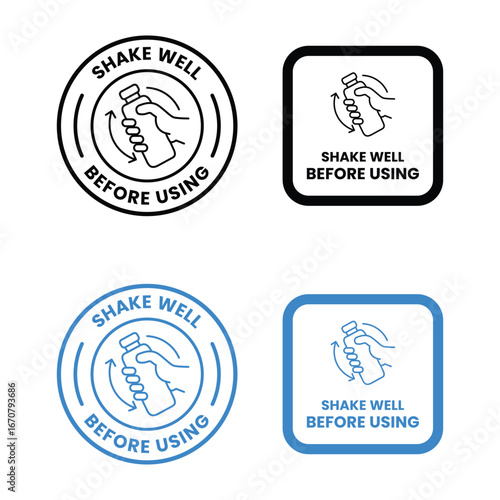 Shake well before using icon set. Shake well before using label product, sign, logo, badge, icons, sticker, symbol, black, circle, line, flat vector, isolated illustration. Shaking Bottle with hand.