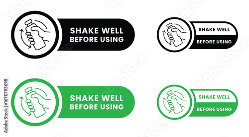 Shake well before using icon set. Shake well before using label product, sign, logo, badge, icons, sticker, symbol, black, circle, line, flat vector, isolated illustration. Shaking Bottle with hand.