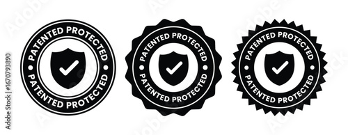 Patented Protected logo, Technology, Intellectual Property, Patent Applied logo, badge, icon, sticker, label, emblem, stamp, symbol, black, line circle, flat vector, isolated illustration.