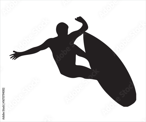 Vector silhouette of a surfer riding a wave, showcasing the excitement and energy of surfing. Perfect for sports, ocean, beach, and adventure-themed designs, ideal for promotional materials and appare