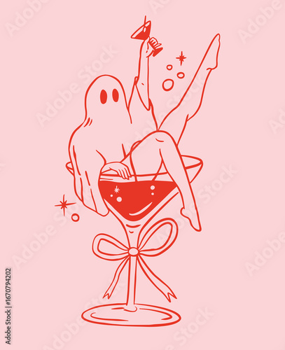 Halloween Ghost in Martini cocktail glass. Halloween doodle.