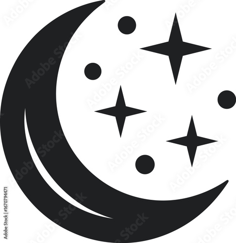 Moon and Stars Night Sky Icon | Crescent Moon with Sparkling Stars Vector Silhouette Illustration Isolated on Transparent Background.