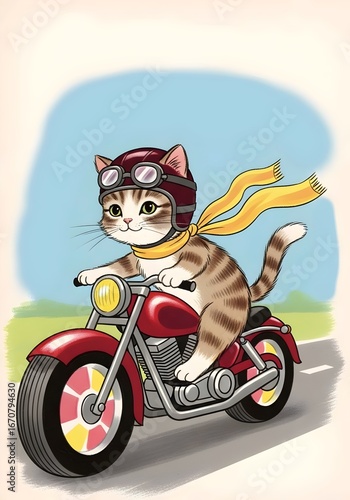 Cartoon Cat Riding Motorcycle – Funny Biker Kitty Kitten Feline Pet Rider on Moped or Scooter Illustration. cute kitten riding, animal, animal biker, comic, comic style cat, retro, retro biker cat