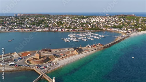 Aerial view of boats in front of the French village of Camaret-sur-Mer in Brittany, France