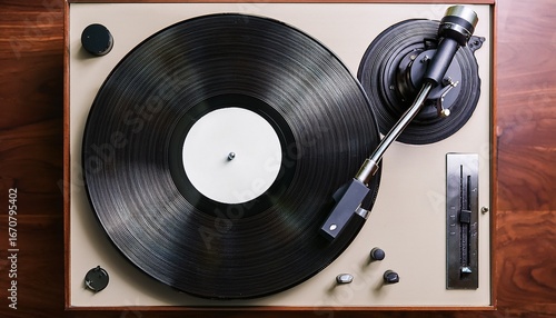 a top down view of a vintage record player with a vinyl record spinning on it the vinyl record features a blank white label at its center