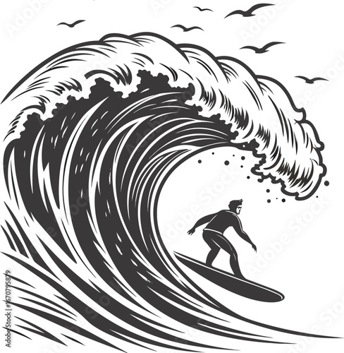 Surfer rides massive crashing wave under flock of birds in dynamic black and white ocean scene