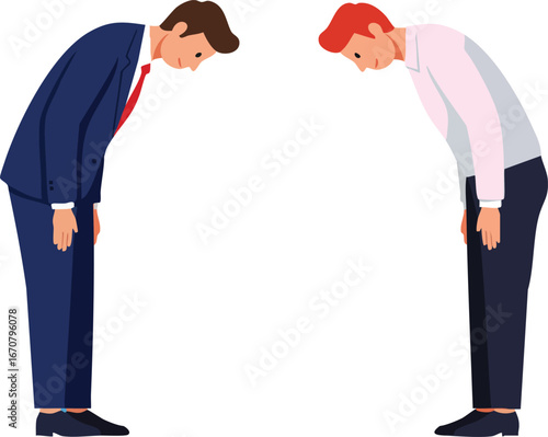 Two Businessmen Bowing to Each Other Showing Respect and Greeting in Formal Attire Vector Illustration 