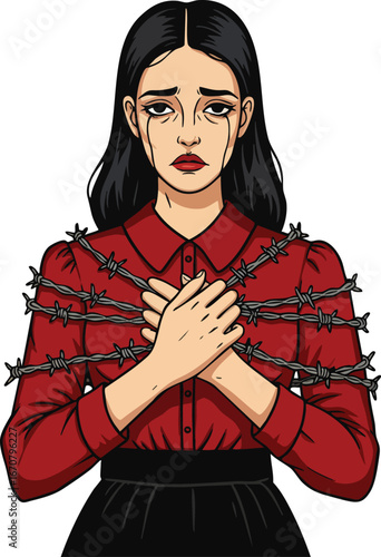 Woman in red shirt with black hair wrapped in barbed wire expressing emotional pain and sorrow vector illustration 