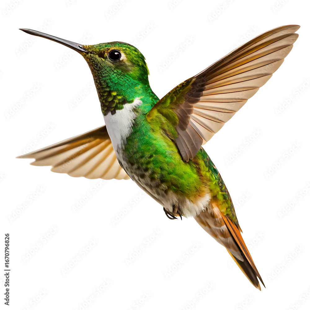 Fototapeta premium A vibrant green hummingbird with outstretched wings isolated against a white background in sharp focus