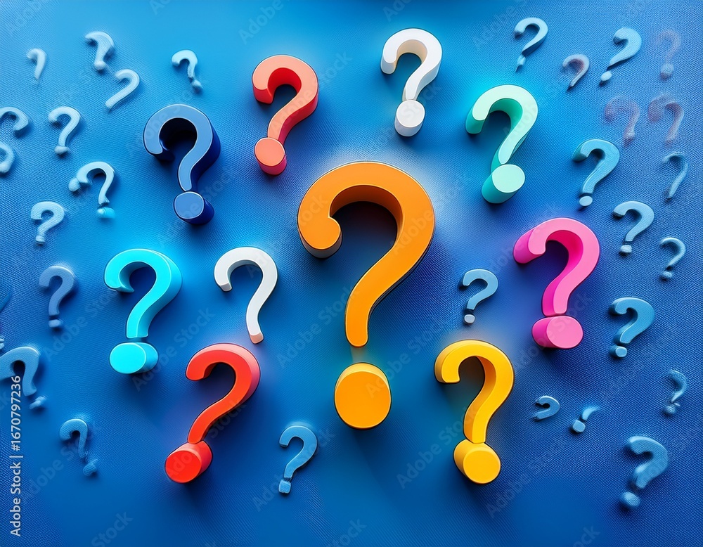 an array of colorful 3d question marks dynamically arranged against a blue background evoking ideas of uncertainty creativity and the vast possibilities of inquiry an array of colorful 3d question marks dynamically arranged against a blue background evoking ideas of uncertainty creativity and the vast possibilities of inquiry