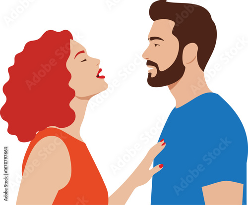 Couple facing each other in affectionate moment with red hair woman and bearded man in blue shirt vector illustration 