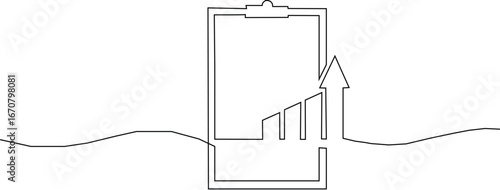 Continuous line drawing of clipboard. Growth graph icon business, bar chart, object one line, single line art, vector illustration, One continuous line drawing of Clipboard with checklist.