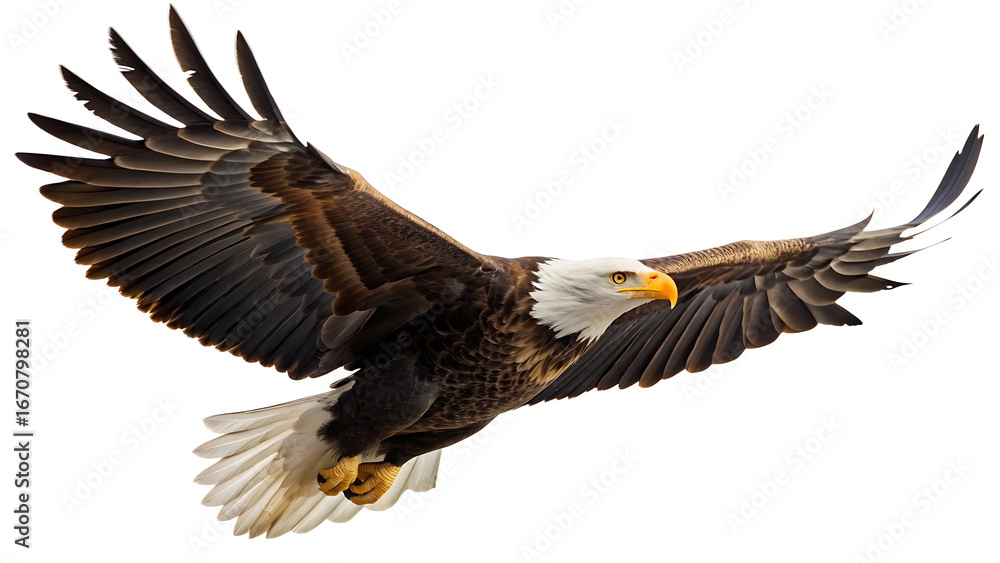 Obraz premium An american bald eagle soars gracefully with its wings fully extended against a white background sky