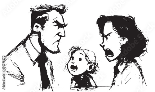 Parents arguing and yelling in front of their scared daughter. Hand drawn illustration of a father and mother fighting and screaming at each other while their daughter looks scared. Vector sketch