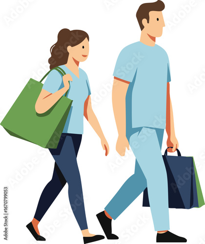 Young man and woman walking with shopping bags casual lifestyle urban activity vector illustration 