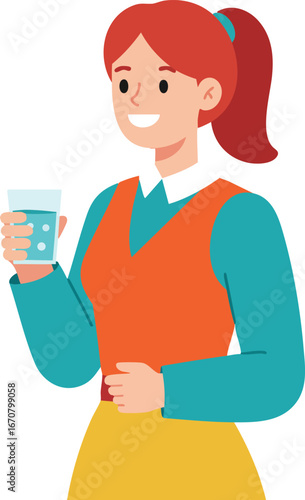 Woman holding glass of water smiling positive facial expression vector illustration in casual clothing 