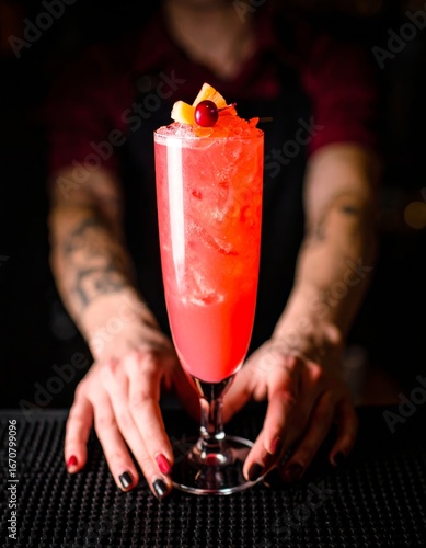 Singapore Sling Cocktail with Pineapple and Cherry Garnish in Elegant Glass. Tattoo Bartender.