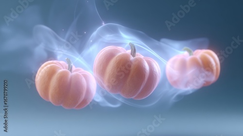 Three pink pumpkins floating with soft smoke on blue background  