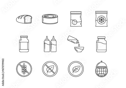 Twelve food and dietary restriction line icons arranged in a rectangular grid pattern evenly spaced