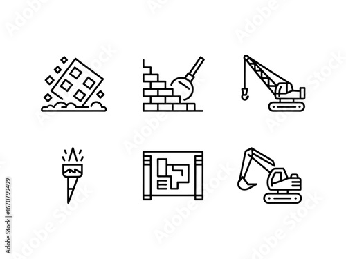 Depiction of construction icons including demolition crane excavator and torch in line art style