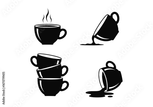 Four cup illustrations: one with steam, stack of three, and two spilled cups with liquid present